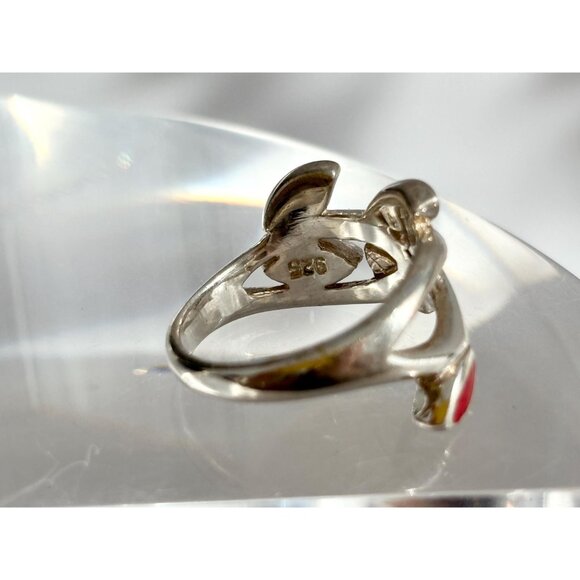 Olive Branch Natural Coral Accented Wrap 925 Sterling Silver Vintage Ring - sz 6 - Picture 4 of 13